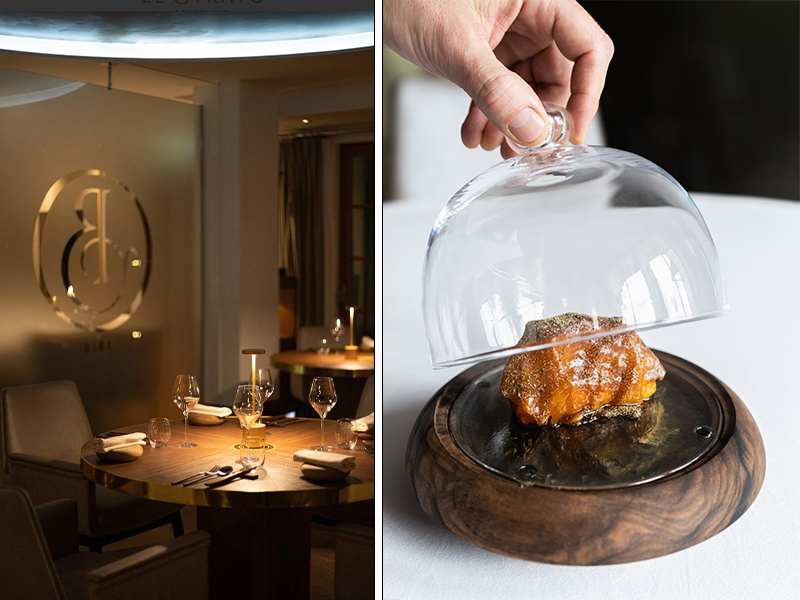 Left: Baumanière 1850 has chic interiors. Right: Crafted to perfection by the chef ‘Trout in an evening dress’ is cooked in fir resin, burnt lemon, and a topinambour dressing, for a truly exquisite experience. (Image Credit: Baumanière)