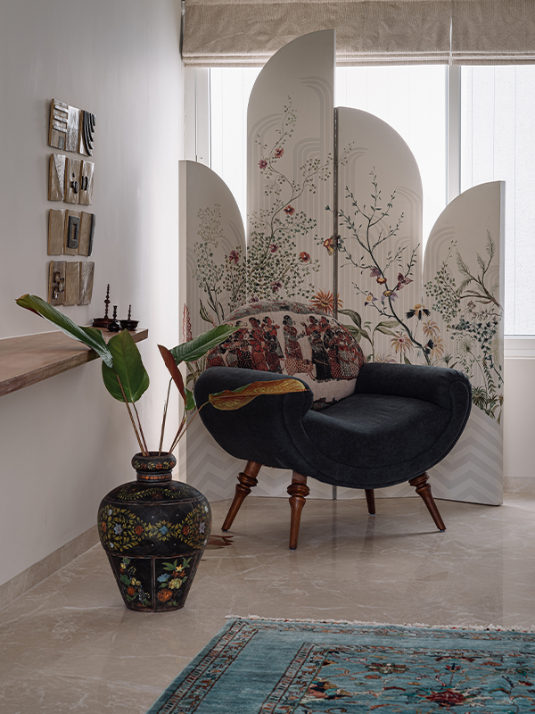 A bespoke partition system in the quaint reading nook adds a layer of authenticity and artisanal beauty. Price: ₹ 2,00,000 | Image credits: Ishita Sitwala
