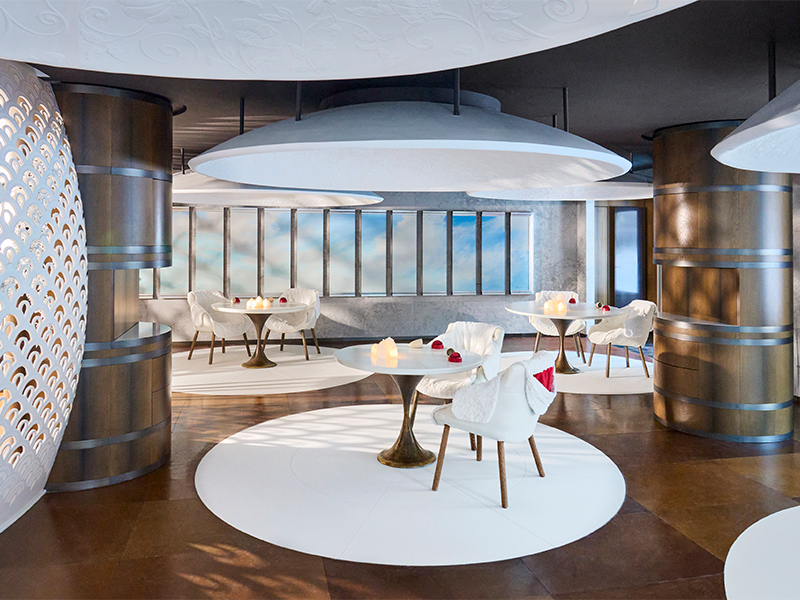 The elegant interiors at Le 1947 use cashmere, leather, and contemporary lights. (Image Credit: Le 1947)