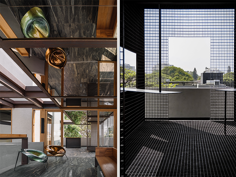 Imperfettolab chairs sit under a mirrored ceiling in the reflective outdoor hosting area. Angular ledges sit amid a meshed grid in what the designer describes as an urban desert. (Image Credits: Ishita Sitwala)