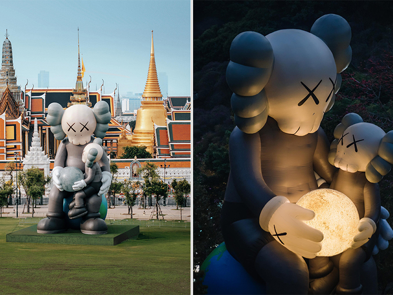 Left: the KAWS: HOLIDAY is an 18-meter-tall inflatable installation set against the majestic Grand Palace in Bangkok, Thailand. Right: A test version of the installation was set up in a remote location in Thailand previously.