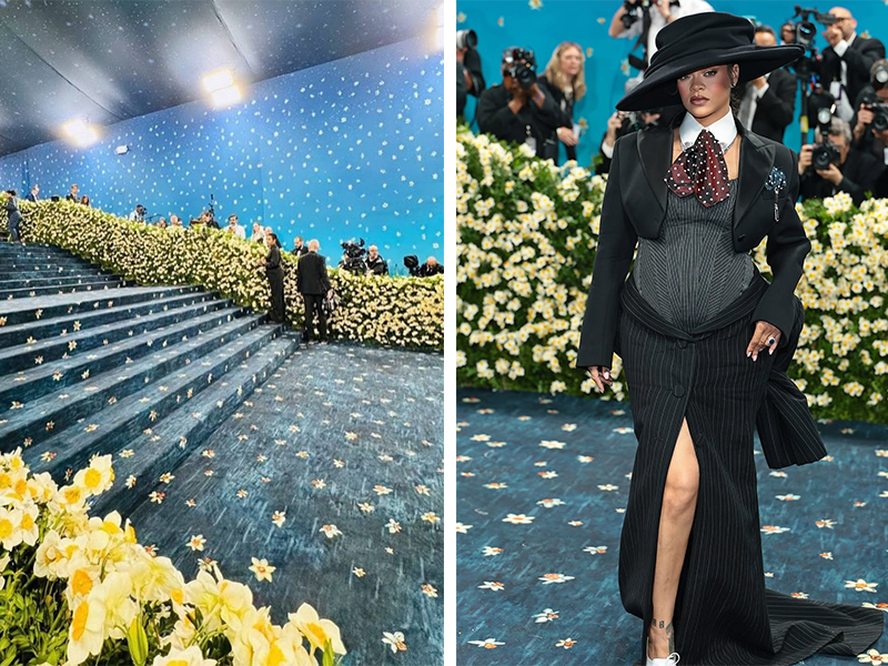 Left: The midnight blue carpet punctuated with white and yellow daffodils across the MET museum steps is paired with actual floral decor. (Image Credits: Courtesy of Neytt Homes) Right: Rihanna in Marc Jacobs at the MET Gala 2025. (Image Credits: Courtesy of Vogue Arabia)