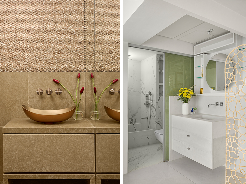 Left: The bathroom with gilded fittings from Axor and Kohler and the beige palette is a pop of neutral to the otherwise pristine palette. Right: In the master bathroom, a pastel green tint with fittings from Axor and Kohler and lighting from Focus lighting adds a sense of tranquillity to the space. (Image Credits: Isha Shah)