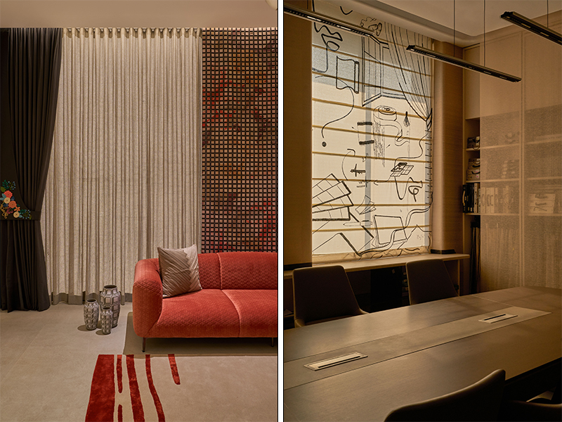 Left: The floor-to-ceiling drapes add grandeur to the common spaces. Right: The curtains at Embelliish are suitable for homes as well as workspaces. (Image Credit: Embellish)