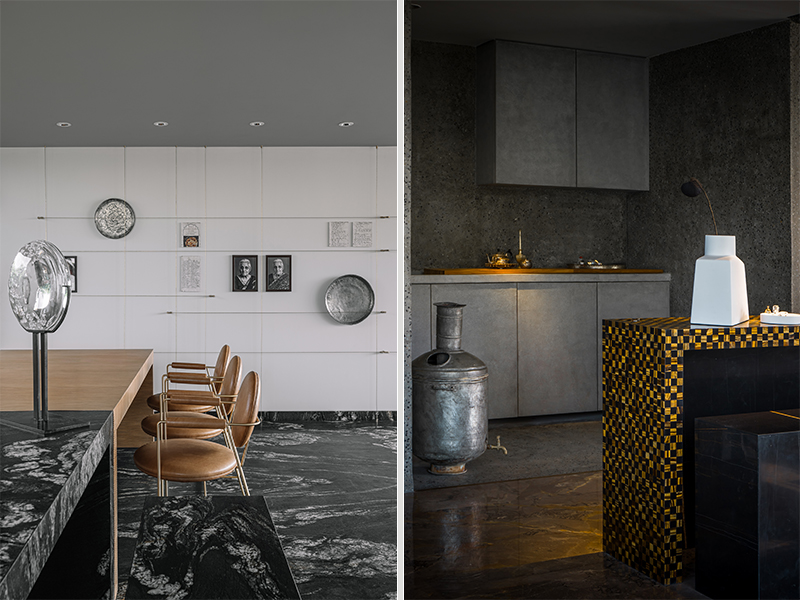 Pages from her recipe books and her favourite antique thalas on the dining room wall pay tribute to the grand lady. The glass sculpture was sourced in Murano, while the chairs are from Baxter in Italy. The checkered bar sits in paradoxical harmony with the cool tones of rugged concrete and raw metal. (Image Credits: Ishita Sitwala)