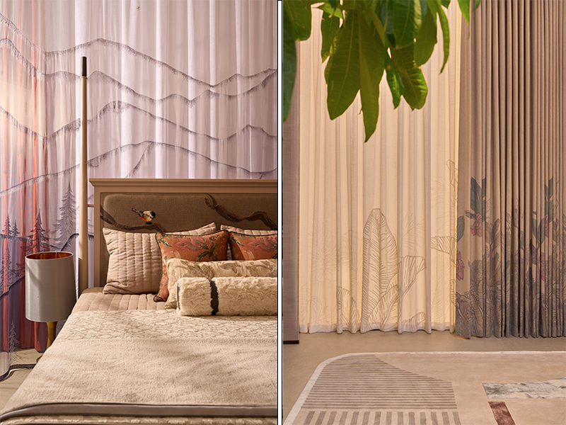 Left: The soft furnishings, including curtains and draperies in a pastel colour palette, add elegance to the spaces. Right: The expansive collection of curtains includes drapes with intricate prints and designs. (Image Credit: Embellish)