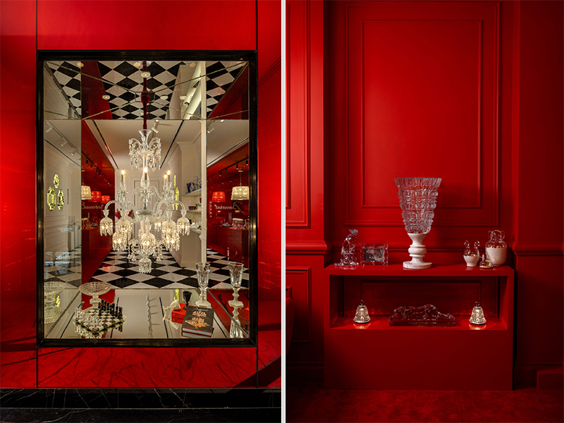 The storefront and interiors glow in Baccarat’s signature ‘golden red’—a striking hue created by adding 24-carat gold powder to molten glass, which turns red at 540°C. (Image Credit: Baccarat)