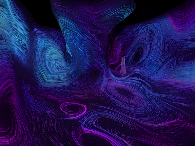 The interactive Installation ‘Wind Form, 2025’ is a sculptural choreography of wind, transforming real airflow into visible, living trajectories shaped by presence and motion. (Image Credits: Courtesy of teamLab and Pace Gallery)