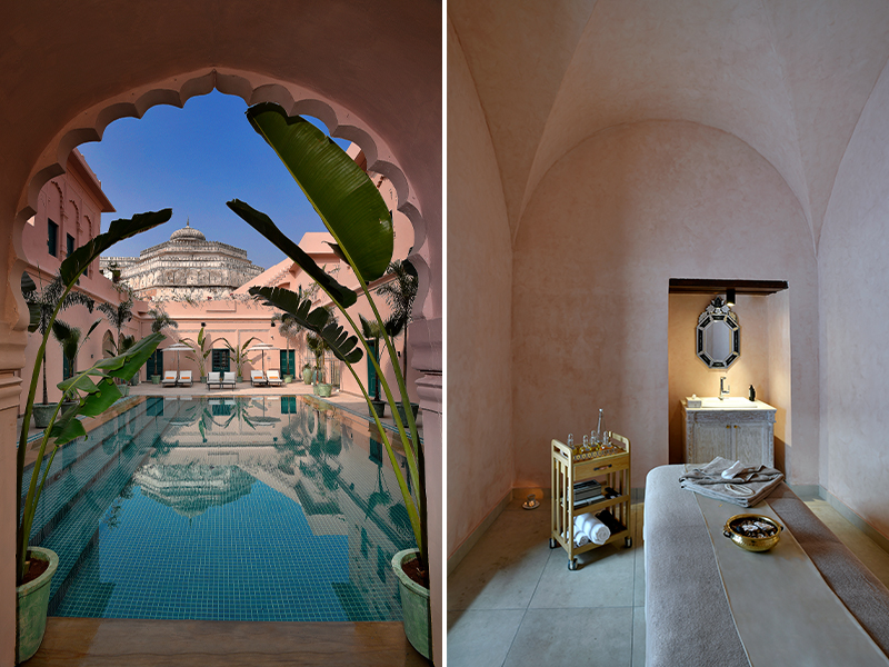 Aura, the spa, is a vision in Moroccan salmon pink with vaulted treatment rooms and a soothing, minimalist aesthetic. (Image Credit: Ran Baas- The Palace Hotel)
