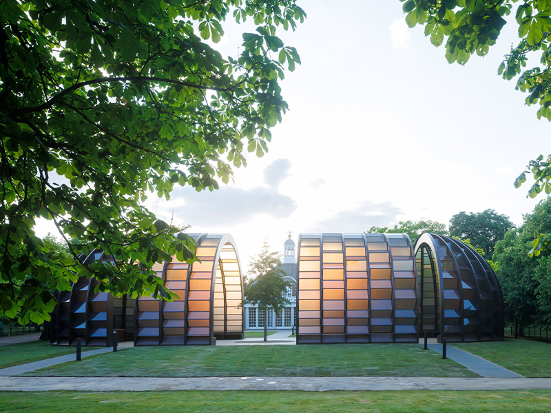 Exterior view of ‘A Capsule in Time,’ designed by Marina Tabassum, Marina Tabassum Architects (MTA). Serpentine Pavilion 2025 (Image Credits: Marina Tabassum Architects (MTA), Photo Iwan Baan, Courtesy: Serpentine)