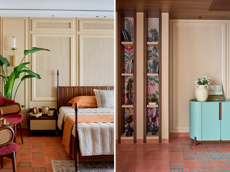 Left: Cane-panelled walls, terracotta flooring, and a striking Indian artwork set the tone in the master bedroom, where earthy textures meet bold colour accents in a serene, crafted ensemble. Right: A built-in shelving niche lined with vibrant botanical wallpaper pairs with a custom powder-blue cabinet and cane-panelled walls, bringing softness and modern contrast to the terracotta-patterned flooring
(Image Credits: Retiesh Ramaiyah)