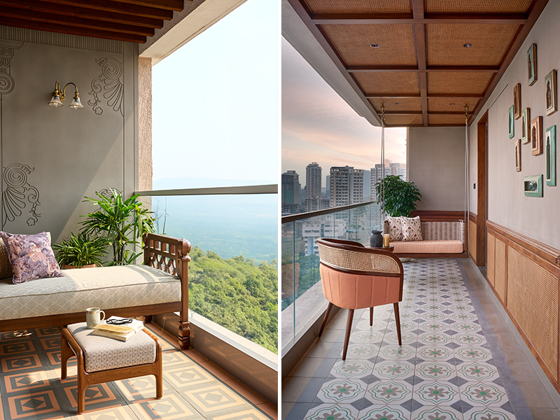 Left: Hand-carved motifs on cement-finished walls, teak louvres overhead, and geometric heritage-style floor tiles transform this sea-facing balcony into an elegant outdoor extension of the living room. Right: A suspended swing with floral upholstery, paired with a peach-toned chair and patterned tiles, shapes a tranquil sky-high retreat above the city
(Image Credits: Retiesh Ramaiyah)