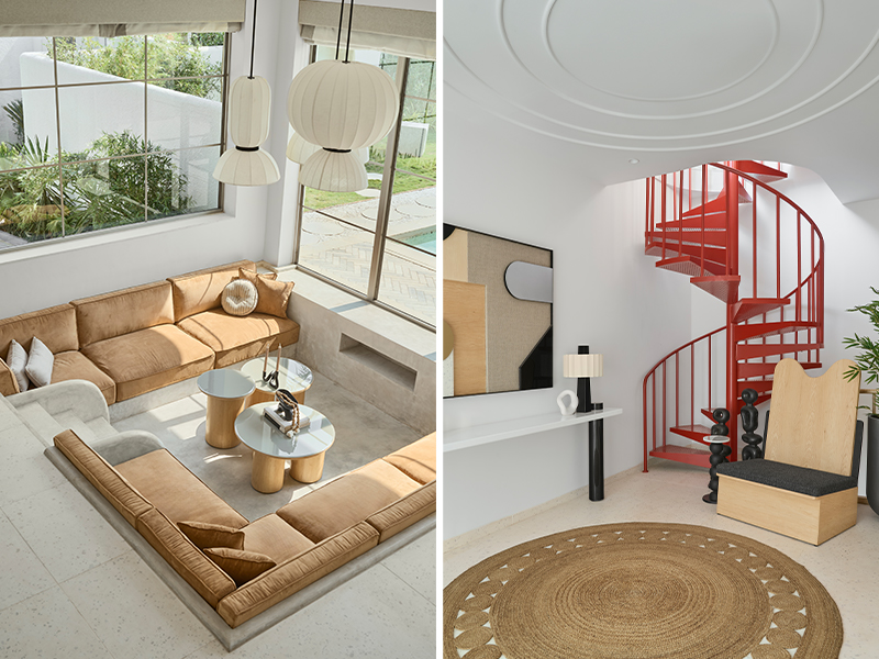Left: The living area borrows references from the classic conversation pits, layered with cushions by H&M Homes, paired with bespoke lighting and coffee tables. Right: The red staircase stands in perfect contrast to the pristine palette, while the artwork by Outstrip Design, a bespoke wooden armchair and a bamboo rug add a tropical touch to the space. (Image Credits: Yadnyesh Joshi)