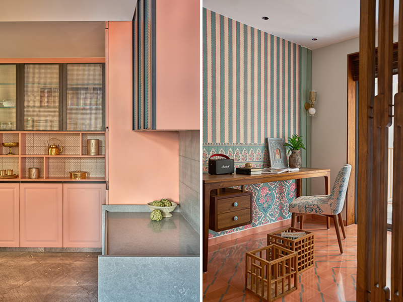 Left: Peach-toned cabinetry and patterned shelves with art pieces from ‘Peacock Life’ by Shabnam Gupta, ‘Philip Antiques’, and ‘The Great Eastern Home’ create a delicate contrast in the sunlit Rasoi. Right: A layered vignette in the study features Sabyasachi-designed wallpaper (for Nilaya) and carefully sourced antiques from ‘Peacock Life’ by Shabnam Gupta, ‘Philip Antiques’, and ‘The Great Eastern Home’ (Image Credits: Retiesh Ramaiyah)