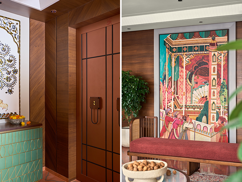 Left: Rooted in sacred artistry, the mandir corner is adorned with traditional Thikri mirror work- an intricate Rajasthani craft where hand-cut mirrors are set into lime plaster to reflect light and spirit. Right: An expressive mural inspired by Indian miniature painting anchors the living space with narrative charm
(Image Credits: Retiesh Ramaiyah)