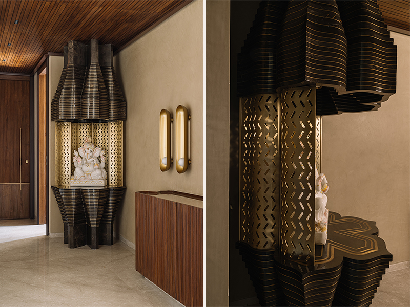 Left: The bespoke mandir features a brass backdrop that is custom-made by CNC cutting. Right: A closer glimpse of the mandir reveals exquisite gold inlay work delicately etched into marble, exuding a quiet opulence. (Image Credits: Ishita Sitwala)