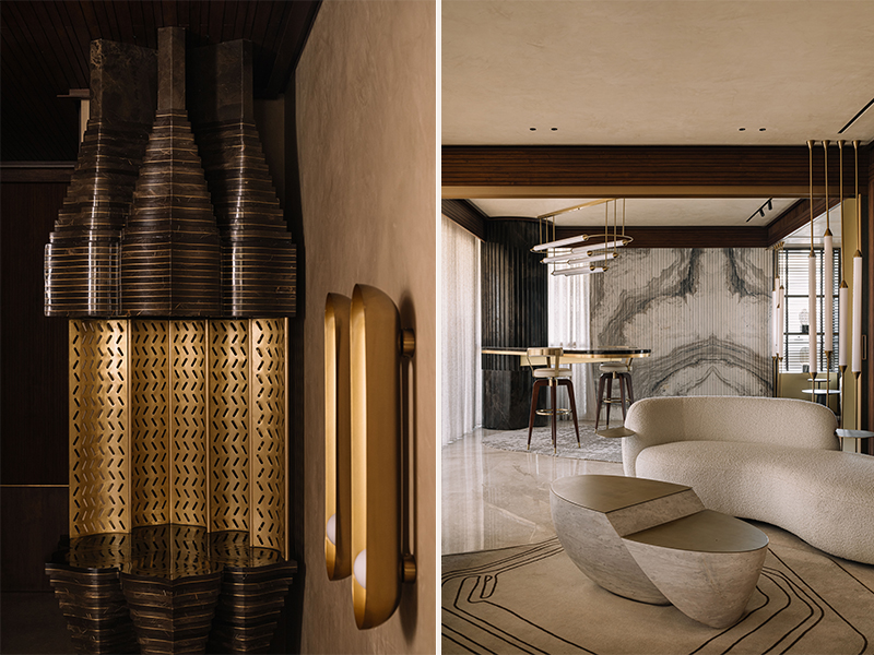 Left: A bespoke sculptural temple backdrop crafted in stone and brass-toned metal, CNC-cut with rhythmic precision. Right: Soft bouclé, polished marble, and gleaming brass converge in this home to create a warm, tactile harmony, anchored by a bouclé sofa from Poshway and a handcrafted rug by Atelier Textile Epic. (Image Credits: Ishita Sitwala)