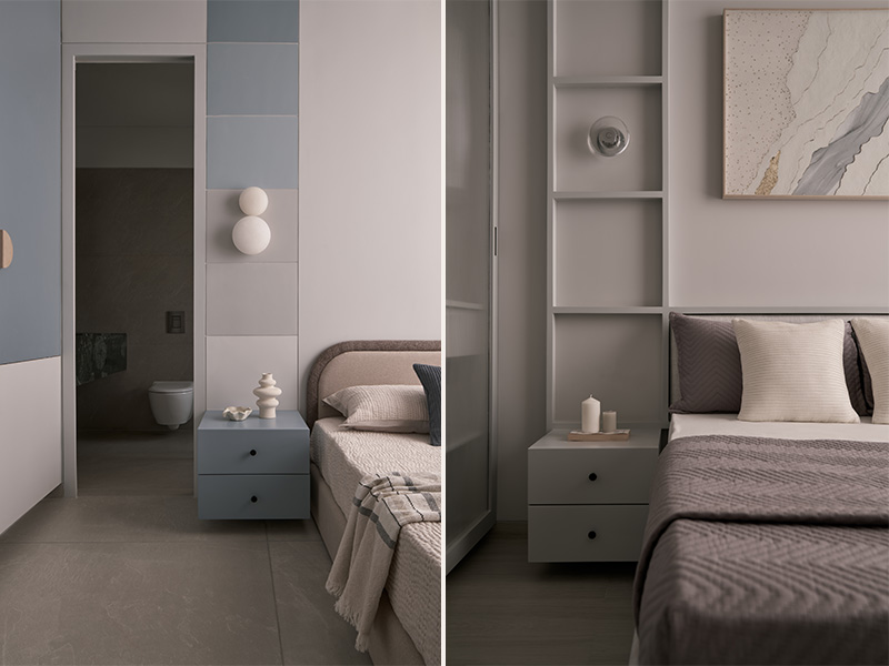 Left: The Children's room on the left follows the soft blue palette. Right: The guest room on the right trades blue for warm, neutral tones. The beds and side tables are designed by NH48, and the upholstered bedding is from Housewarming. Decor accents from the Golden Triangle and locally picked wall sconces enrich the space. (Image Credits: Yadnyesh Joshi)