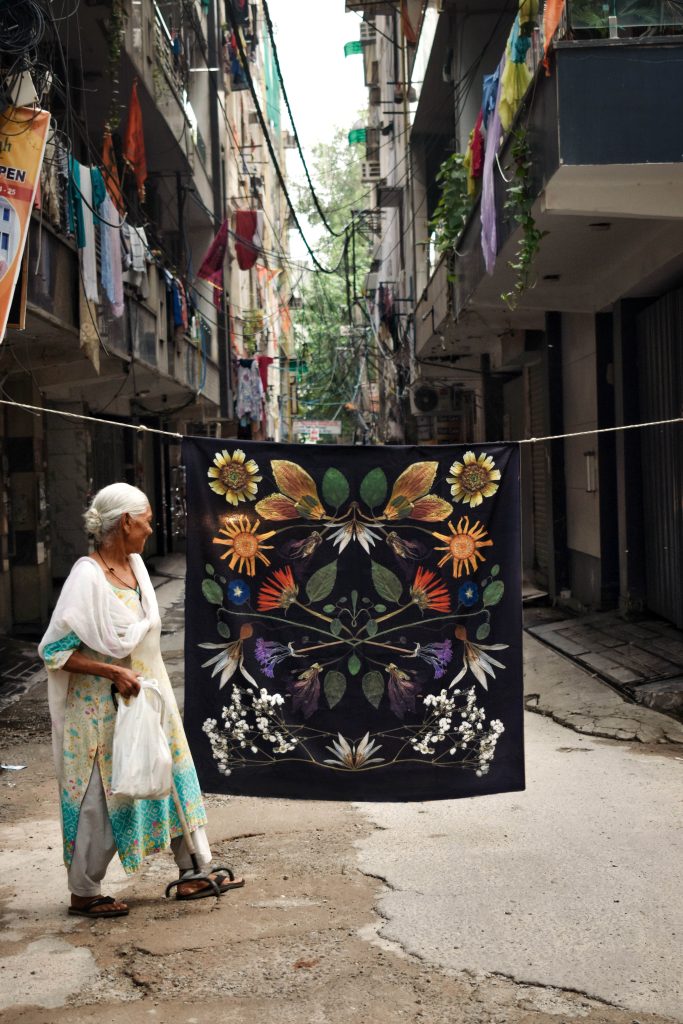 A ‘Civilisation’ is printed on upcycled canvas and installed in Delhi’s Rani Bagh, the artist’s childhood neighbourhood. Part of an ongoing public art series, it confronts urban forest inequity. Co-designed with residents. 4.5 ft x 4.5 ft (Image Courtesy: Kaanchi Chopra)