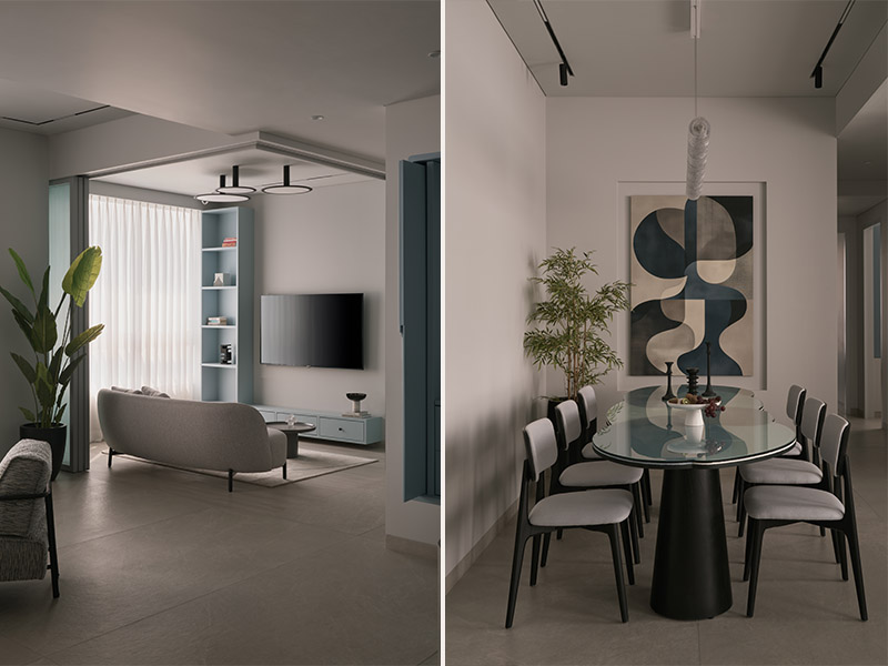 Left: The den oozes charm with furniture made on-site. The TV unit and open shelving finished in ICA’s powder blue carry forward the home’s coastal theme. Right: You can find a sculptural dining table by NH48 surrounded by locally sourced chairs. The abstract artwork is from Framebazaar. (Image Credits: Yadnyesh Joshi)