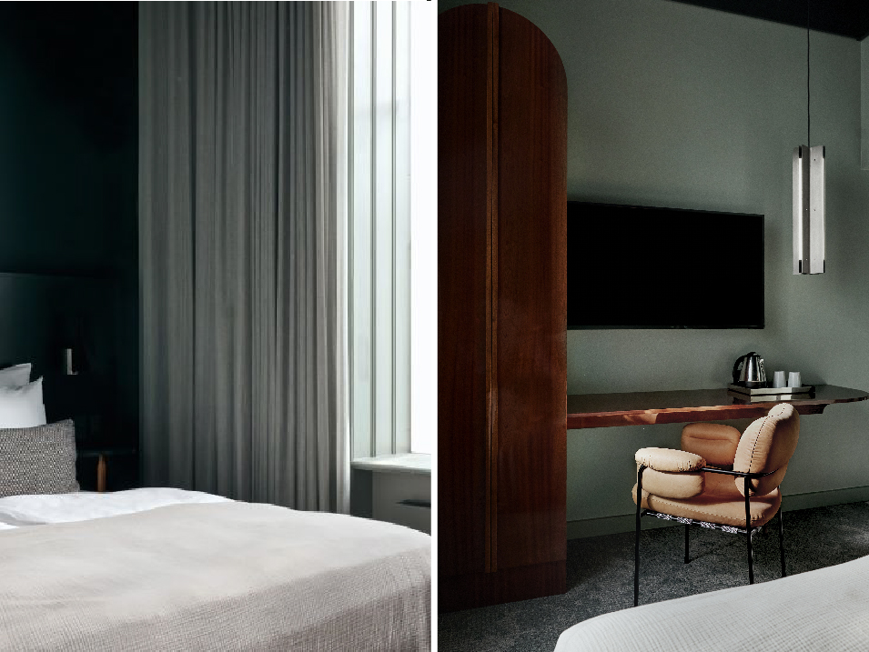 Inspired by the street lamps and urban glow of Nørrebro, the custom lighting is crafted from raw aluminium panels with clean, minimalist joints—industrial in spirit, yet refined in execution. (Image Credit: Brøchner Hotels)