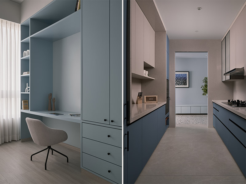 Left: The study unit finished with ICA paints is built on-site. The chair from Amardeep Designs offers comfort without compromising aesthetics. Right: The kitchen’s design is executed by Makwana Modular Kulture, and the countertops are by Kalinga Stone. High-performance Siemens appliances are integrated for modern convenience. (Image Credits: Yadnyesh Joshi)