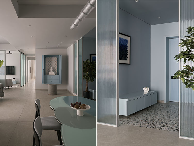 Left: A handcrafted mandir finished with ICA paints, and placed inside is a porcelain idol from Tilak Stone Arts India. Right: The entryway has a functional shoe rack made on-site. It is framed by fluted glass panels and softened with Green Buddies Plants and Royal Fibrotech Luxury Planters. The artwork was picked by the homeowner on his visit to China. Decor pieces are from H&M Home. (Image Credits: Yadnyesh Joshi)