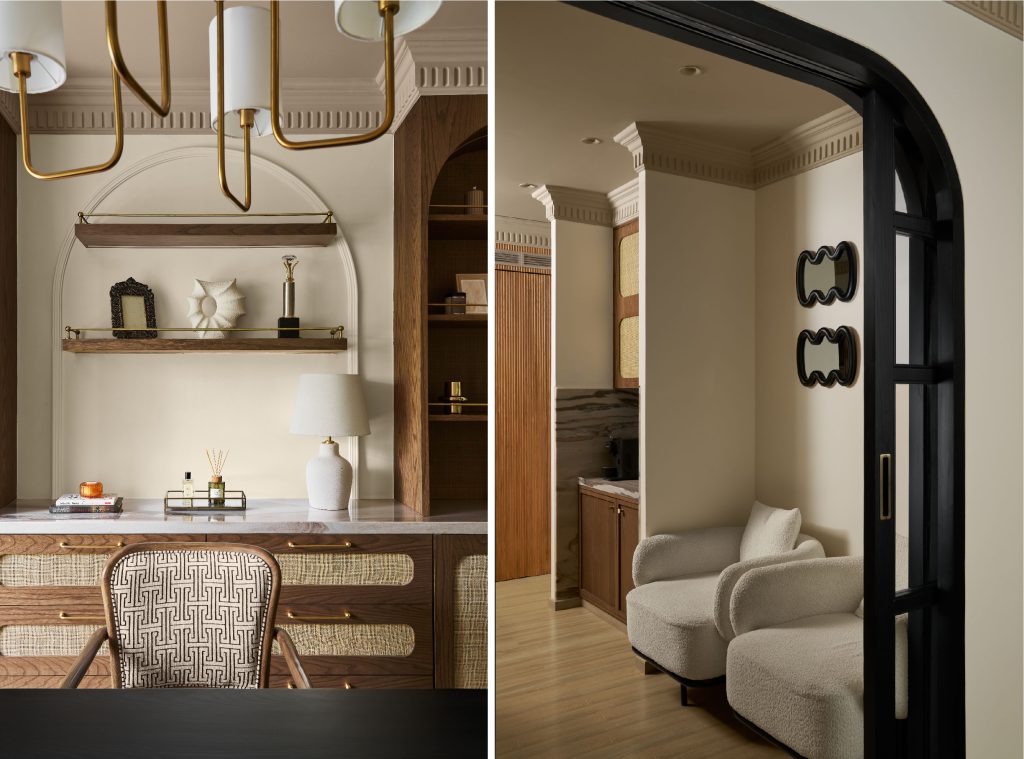 On the Left, the table lamp is from IKEA and the chandelier is custom-designed by S2B2. On the right, the slightly arched, black-framed partition wall separates the lounge from the main workspace. The decorative mirrors are picked from H&M Home, and the boucle fabric lounge chairs are designed in-house. (Image Credits: Yadnyesh Joshi) 