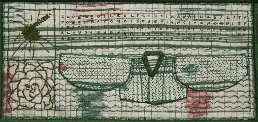 Kallol Datta, Poster 01, 2025; Reconstructed sarie; silk, thread, cotton and polyester (6 1/2 x 14 in, 16.5 x 35.6 cm) (Image courtesy: Experimenter) 
