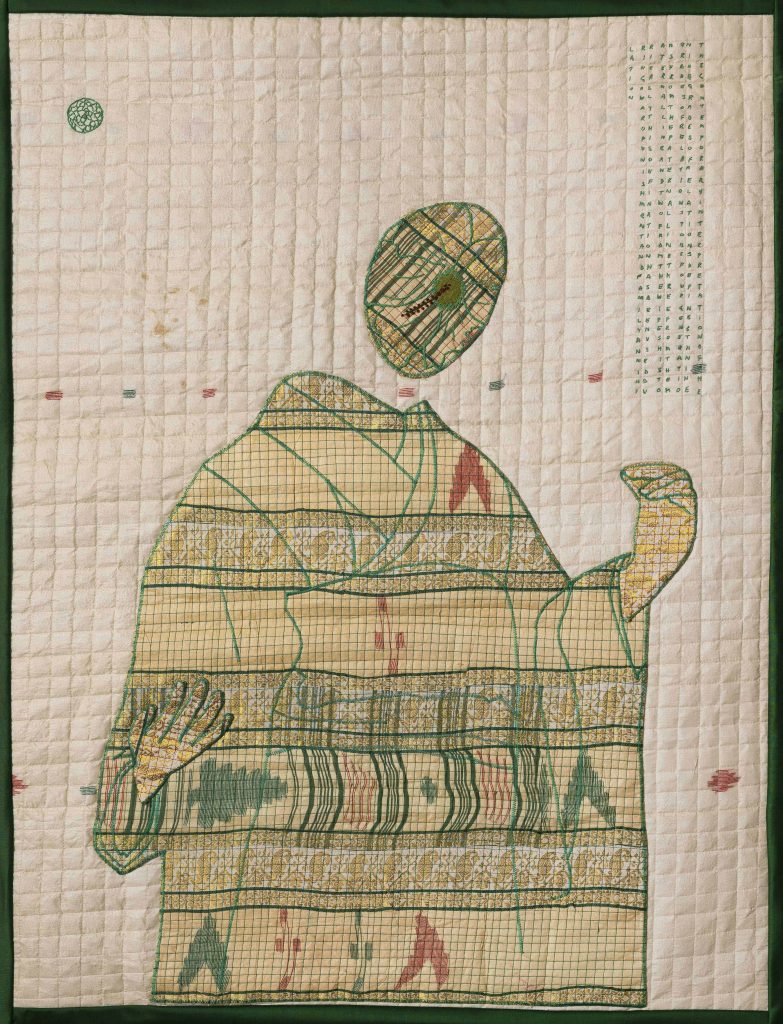 Kallol Datta, Poster 18, 2025; Reconstructed saries; silk, thread, cotton and polyester (35 1/2 x 28 in, 90.2 x 71.1 cm) (Image courtesy: Experimenter)