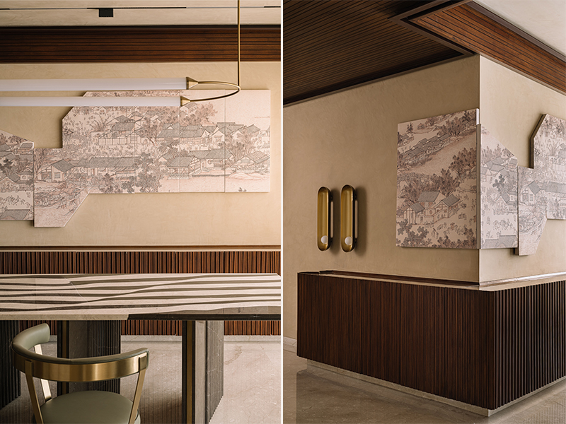 Left: The marble base of the dining table paired with gilded and leather chairs from Poshway exudes quiet luxury while a bespoke fluted crockery unit keeps the space hassle-free. Right: The customised artwork from Poshway features etchings of the cityscape gently curving with the wall pointing at the mandir. (Image Credits: Ishita Sitwala)