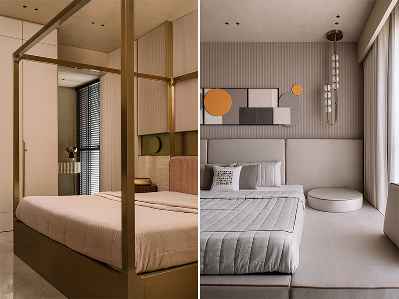 Left: The master bedroom features a four-poster bed with gilded accents from Poshway, while the stone backdrop nods to an archetypal detailing of the home. Right: This bedroom features a modern take on the daybed, with bespoke lighting and artwork from Poshway exuding a touch of minimalism. (Image Credits: Ishita Sitwala)