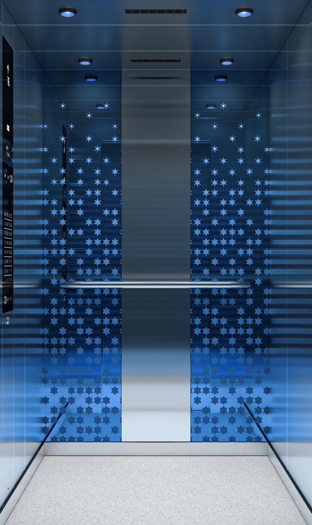 The metallic cobalt interiors of the elevator add a touch of vibrancy to the otherwise boring vertical commute. (Image credit: Courtesy of KONE)