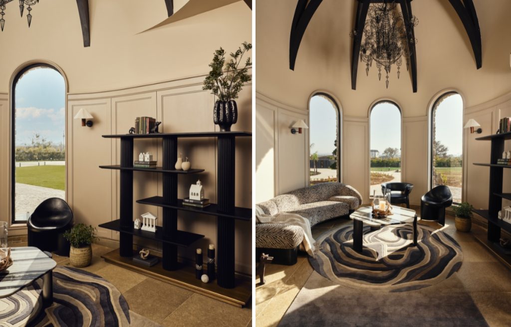 In the ground-floor lounge, a delicate chandelier by Lightbox floats overhead, a bold zebra-print sofa from Ziba Homes anchors the space, with a coffee table from The House of Things, and chairs by Escape by Creatomy. (Image Credits: The Matter Studio)