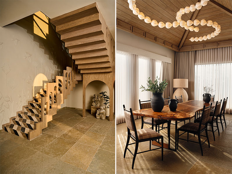 Left: A sculptural staircase stands out as a central design feature, showcasing intricate stone inlay, Tuscan-style wooden arches, and detailed relief work inspired by the surrounding natural landscape. Right: The dining area is layered in warmth and quiet drama—a show-stealing ceiling light by Oorjaa sets the tone, while a sculptural floor lamp by Urban Ghar Studio adds soft contrast. Dining pieces by Josmo Studio and Sand Living bring form and function to the table, framed by thoughtful accents from Pottery Barn that elevate everyday rituals into moments of design-led living. (Image Credits: Rohit Mendiratta)