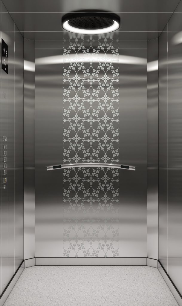 Enveloped in stainless steel, the elevator interiors include an RL20 ring LED sculptural lighting fixture that celebrates the art of detailing. (Image credit: KONE)