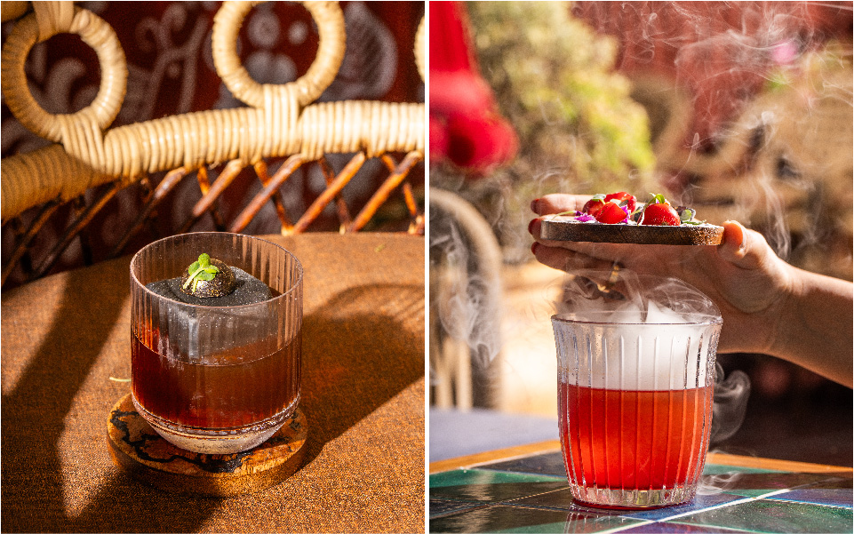 Left: The ‘Milky Way’ is a velvet-smooth blend of whiskey, hazelnut, and umami, crafted to intrigue and linger. Right: The Smoked Pumpkin Salad is a playful cocktail in disguise with earthy flavours. (Image Credits: Courtesy of Mamma Killa)

