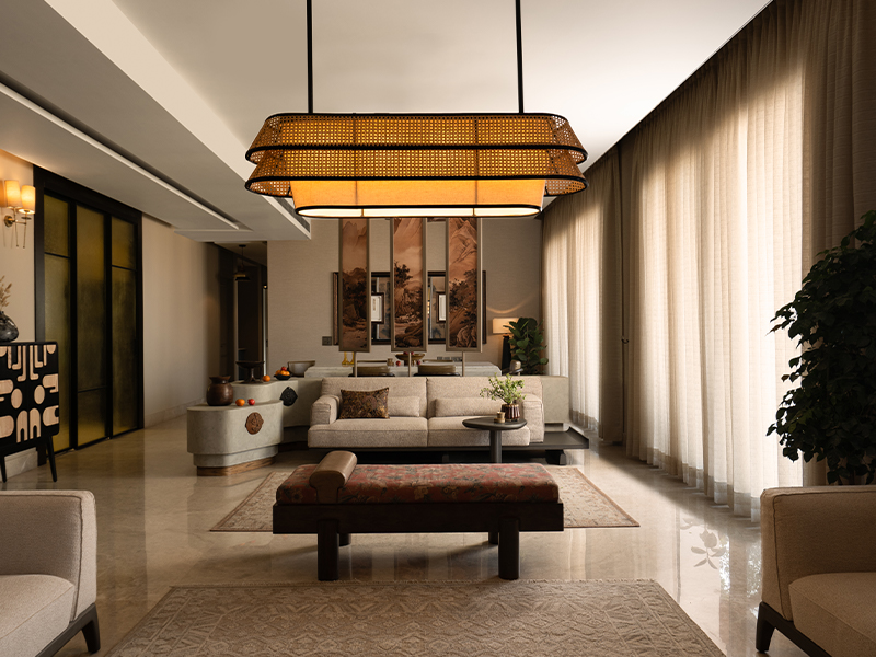 Whether switched on or off, the Clay Mango chandelier quietly adds value to the adaptable dining, living and lounge areas. (Image Credits: Tarang Goyal)