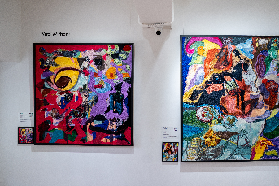 Jali (Variation 1) and Frugal Dreams of East (Variation 1) hand embroidery on cotton poplin fabric by Viraj Mithani on view at the Milaaya Art Gallery. (Image Credits: Courtesy of Milaaya Art Gallery)