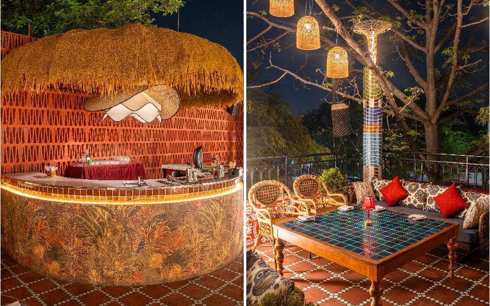 Left: A sculptural island bar stands at the heart of Mamma Killa, stirring libations like whispered spells. Right: A mosaic-topped table anchors this intimate nook, framed by a cane couch and printed cushions, offering a secluded nook. (Image Credits: Courtesy of Mamma Killa)
