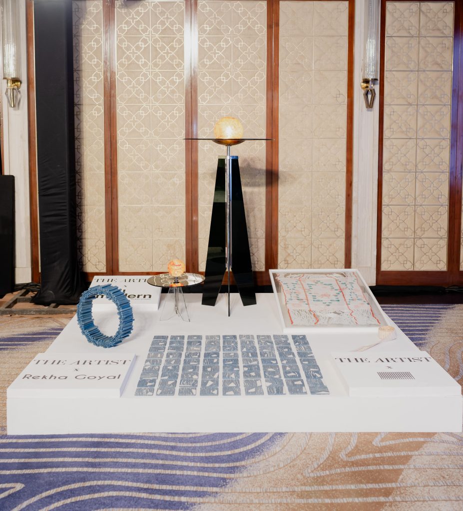 In frame, The Artist by DP Agency booth highlights immersive works by ceramic artist Rekha Gohal and textile artist Sabiha Dohadwala, blending craft and contemporary art in a striking showcase. (Image Credits: Design Pataki)