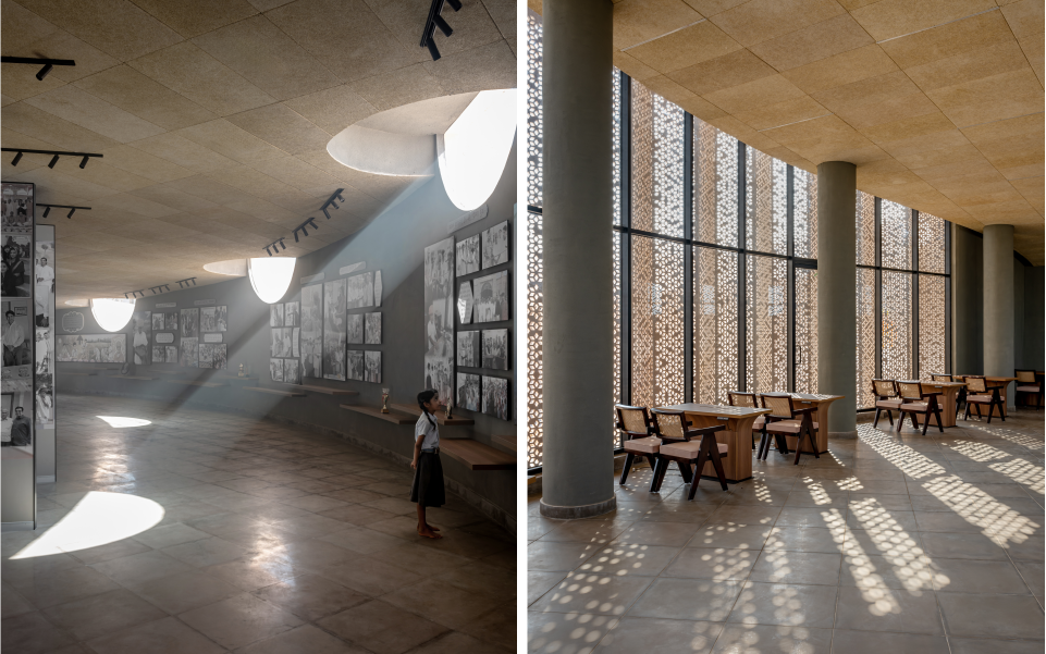 Left: The exhibition hall, bathed in soft daylight through strategically placed skylights, becomes a contemplative space paying homage to memory, craft, and cultural legacy. Right: The classroom, nestled beneath the rooftop garden, stays naturally cool and illuminated, offering a serene, insulated space amidst the hot and dry desert landscape. (Image Credits: Vinay Panjwani)
