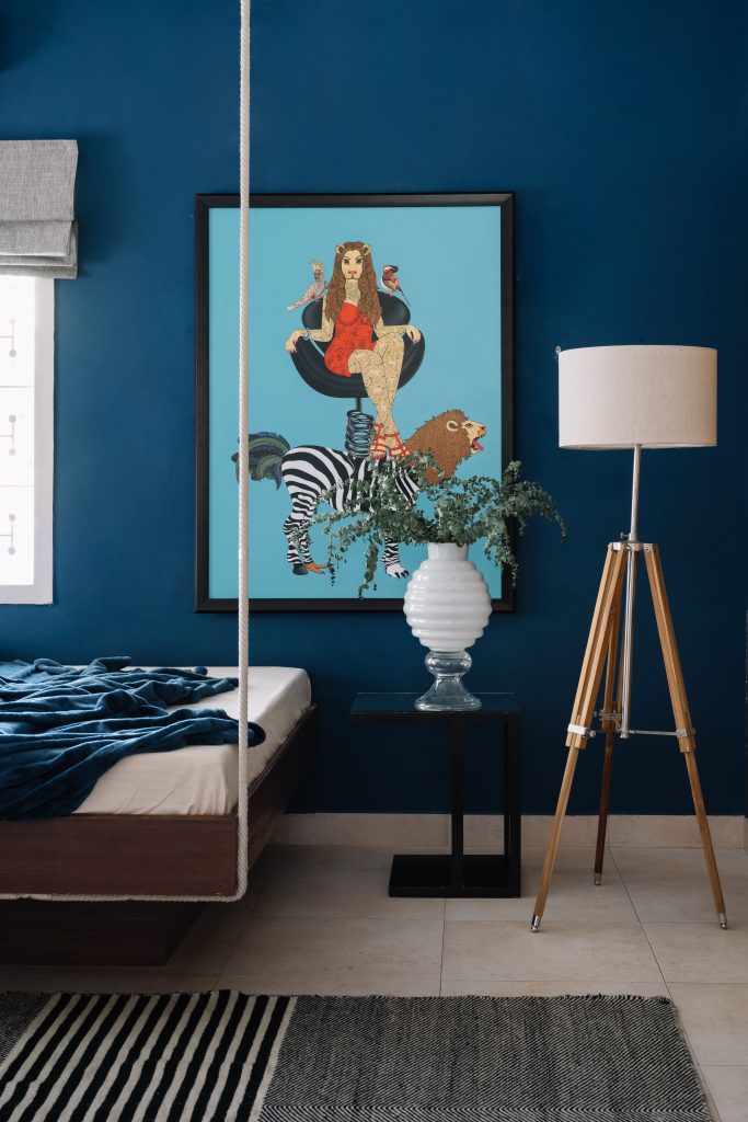 ‘I Am Queen’ by Bandana Kumari, made with acrylic ink, features in the son’s bedroom at Deco Haus in Coimbatore. Other artists showcased in this home, like the feature image, include Bibhu Nath, Preetha Kannan Venkat Bothsa and Paresh Maity, to name a few. (Image Credits: Ishita Sitwala)