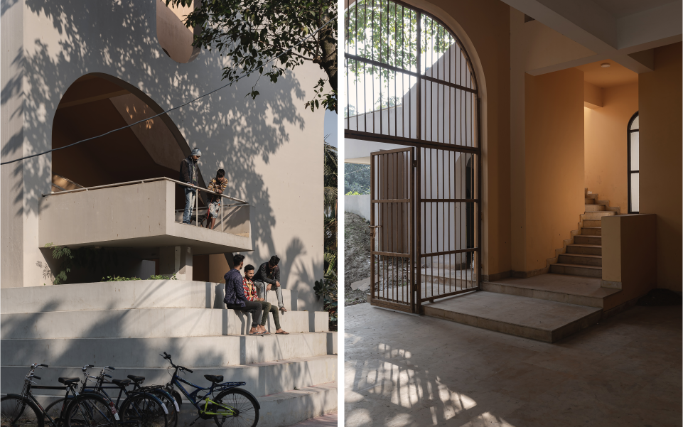 Left: Steps and landings along the facade double as informal seating zones, encouraging pause, interaction, and community engagement beyond the hall’s interior. Right: The central foyer, accessed through a dramatic arched gateway, acts as a transitional spine. (Image Credits: Syam Sreeylam)
