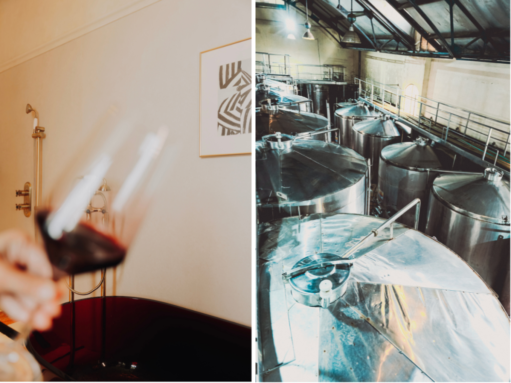 Left: Simple ease unfolds with a glass of the estate’s finest wine in hand, surrounded by warm, understated interiors that invite unhurried moments. Right: The wine cellar — an arched chamber lined with ageing oak barrels — offers a dusky, intimate atmosphere where the scent of fermenting grapes captures the soul of the property’s winemaking. (Image Credits: Hotel Irada)
