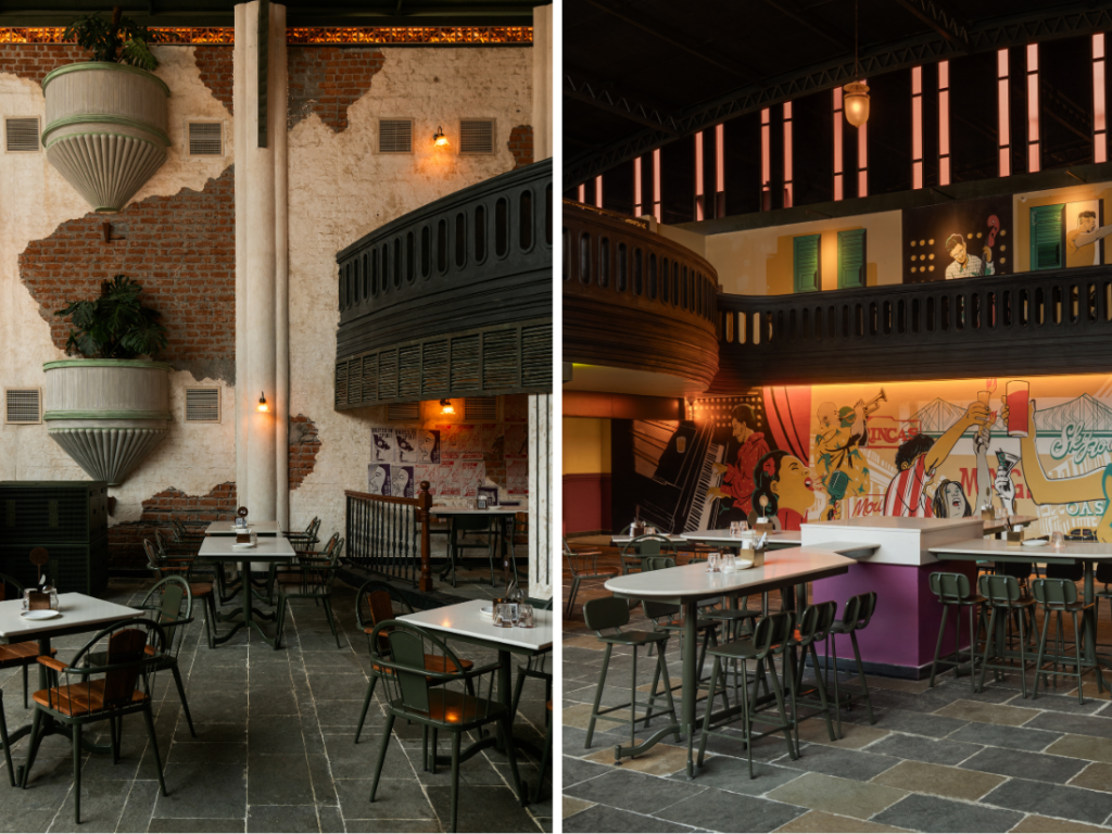Left: The walls, peeled plaster in some places and exposed bricks in others, are reminiscent of Calcutta’s courtyard homes. Right: With Art-deco curves and pop-art nostalgia, the space, given how large it is, manages to create charming dining nooks and maintains a festive and joyful vibe. (Image credits: Shamanth Patil)