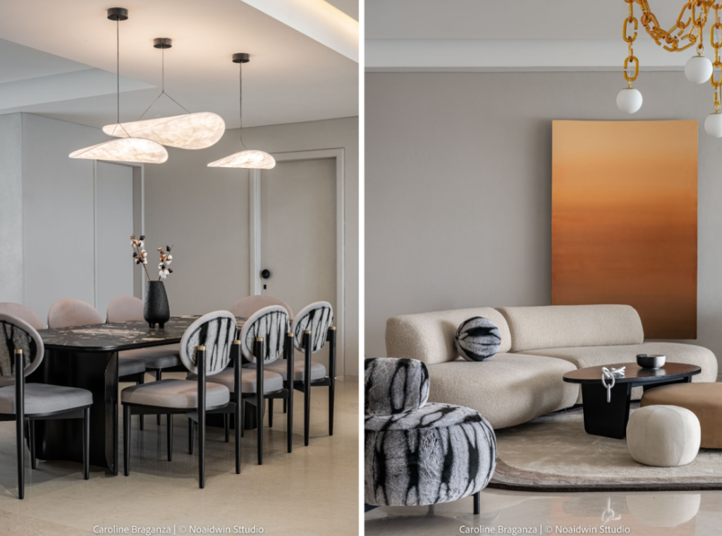 The vibrant furniture and fixtures add an eclectic touch to the monochromatic palette at ‘The Hued Home.’ (Image Credit: Noaidwin Sttudio)