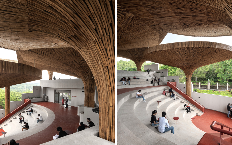 Left: The sunken amphitheatre, seamlessly carved into the site’s natural contours, becomes a fluid space for gathering, dialogue, and shared expression. Right: Crafted using local laterite stone, bamboo, and exposed concrete, the centre’s material palette reflects a commitment to sustainability and regional authenticity. (Image Credits: Suryan//Dang)
