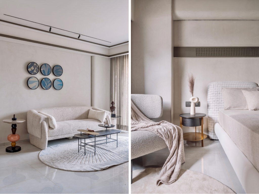 The pastel colour palette and ceiling-to-floor windows encourage the flow of light. (Image Credit: Inclined Studio)