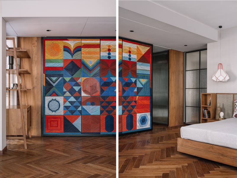 Left: The master bedroom with its embroidered artwork by Textile Designer Ujjval C Shah, blends sophistication with softness. Right: The hanging Purple Turtle light adds a whimsical touch, while earthy textures and muted tones keep the palette grounded and cohesive. (Image Credits: Ishita Sitwala)